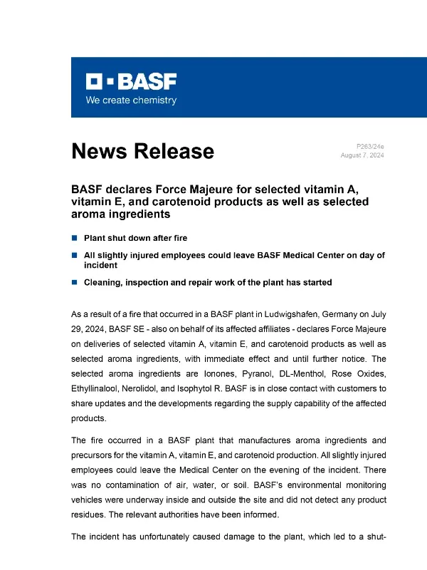 Vitamins soared 256%! BASF announced a supply cut! 1 BASF Vitamin A Vitamin E supplier in China