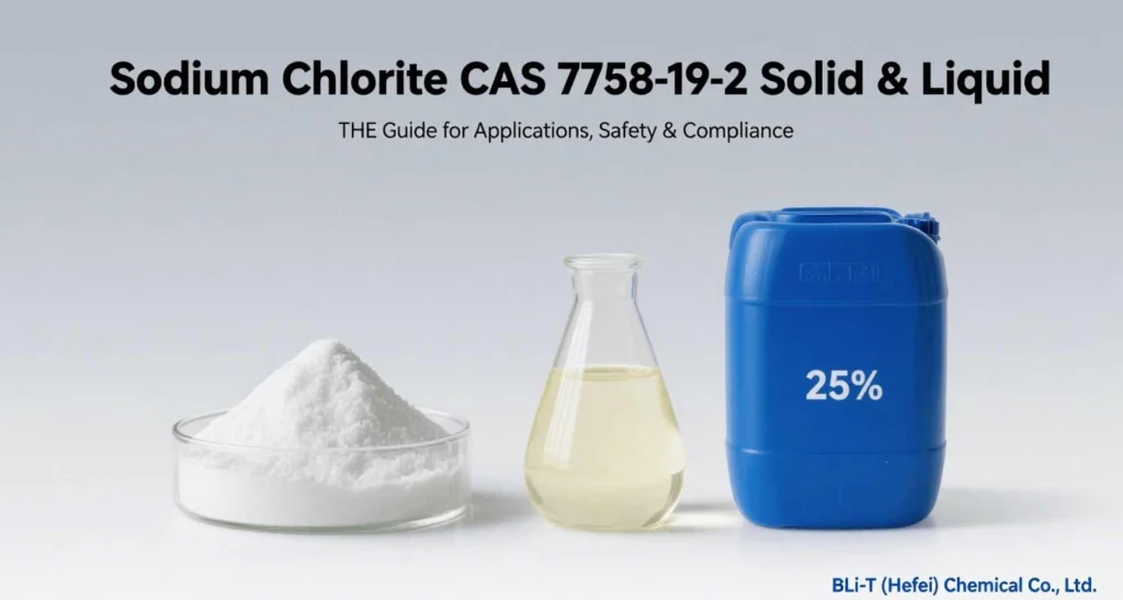 Sodium Chlorite, CAS 7758-19-2, sodium chlorite supplier China, chlorine dioxide precursor, water treatment disinfectant, pulp and paper bleaching agent, food processing sanitizer, cooling tower biocide, Pinnick oxidation reagent